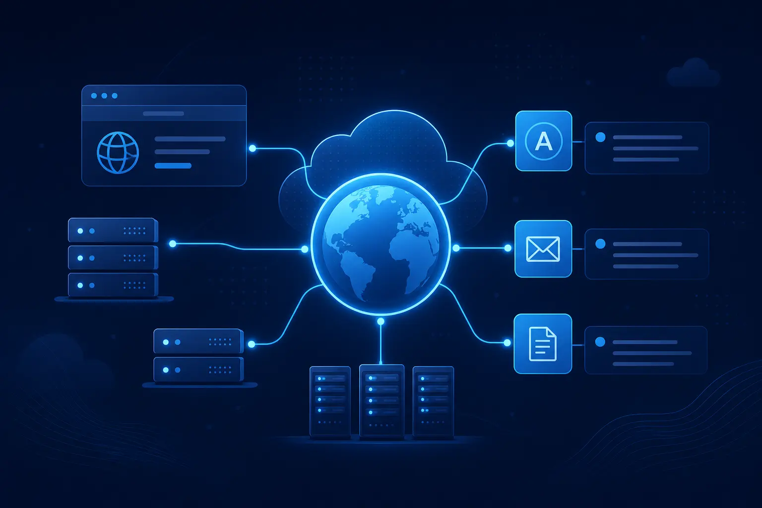 Abstract illustration of DNS records connecting domains to servers
